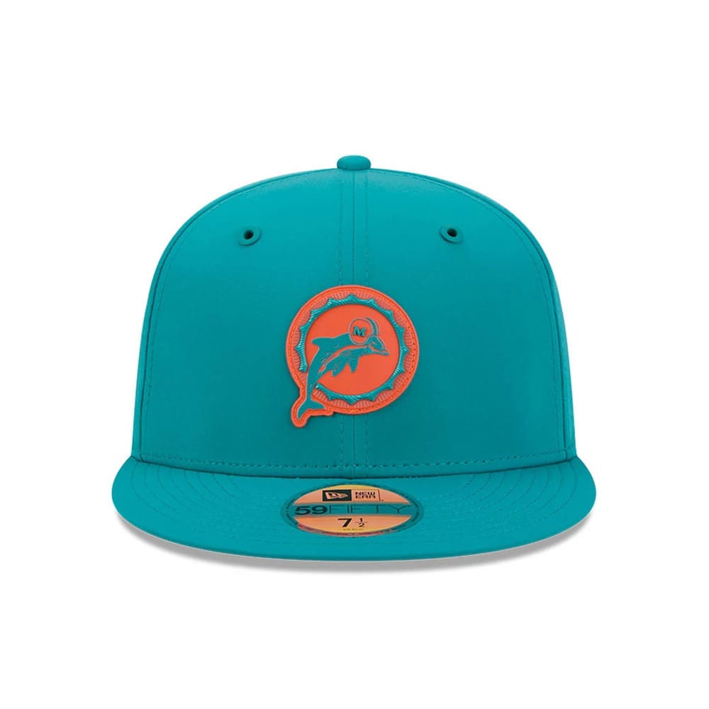 Pictured is this NFL Sideline 2026 Miami Dolphins 59FIFTY Fitted cap in turquoise. 3