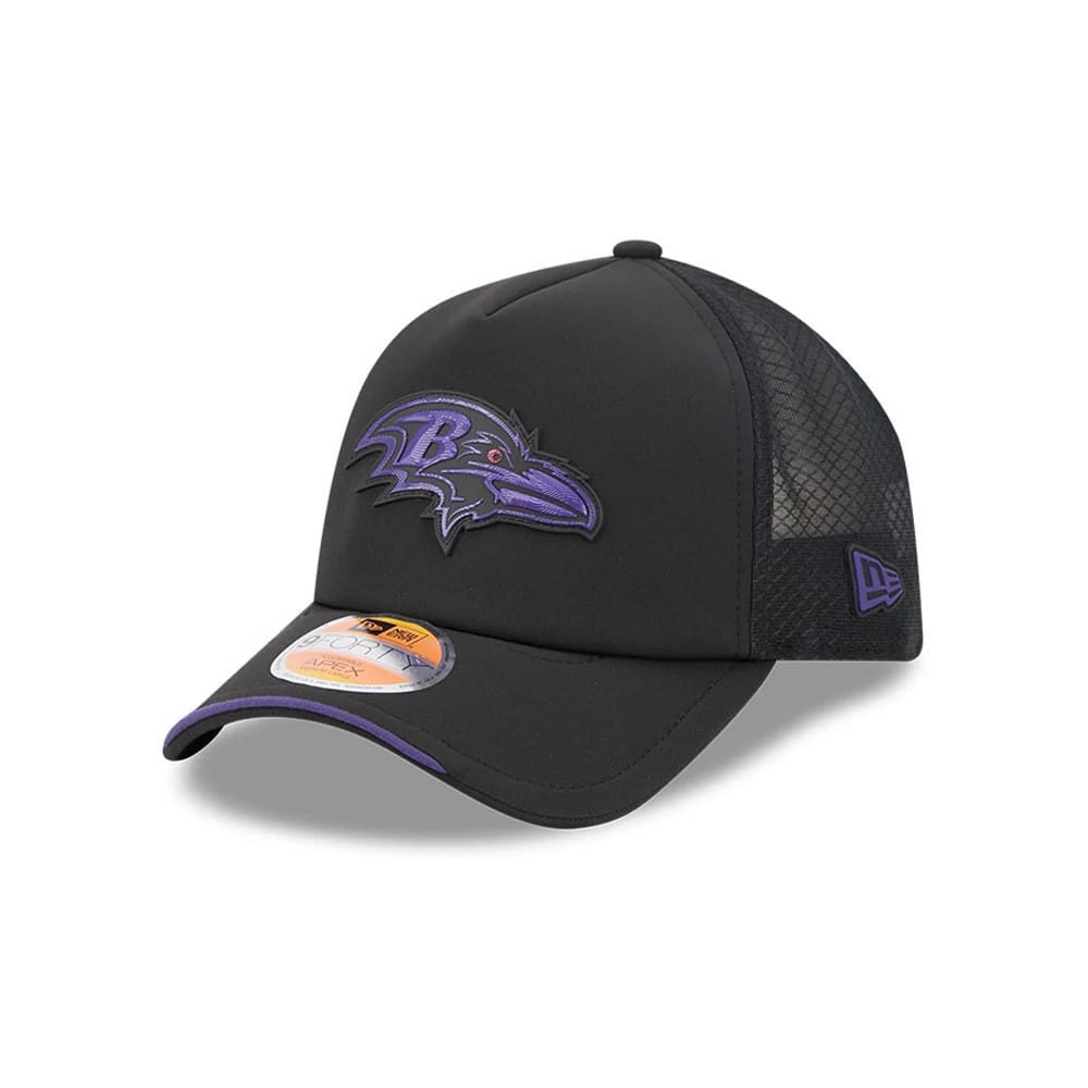 Pictured is this NFL Sideline 2026 Baltimore Ravens 9FORTY Apex cap in black. 1