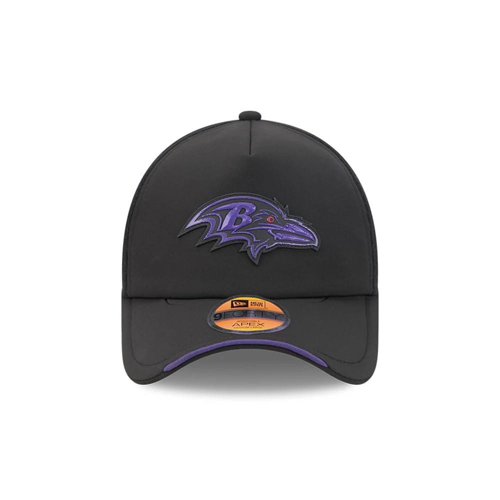 Pictured is this NFL Sideline 2026 Baltimore Ravens 9FORTY Apex cap in black. 2