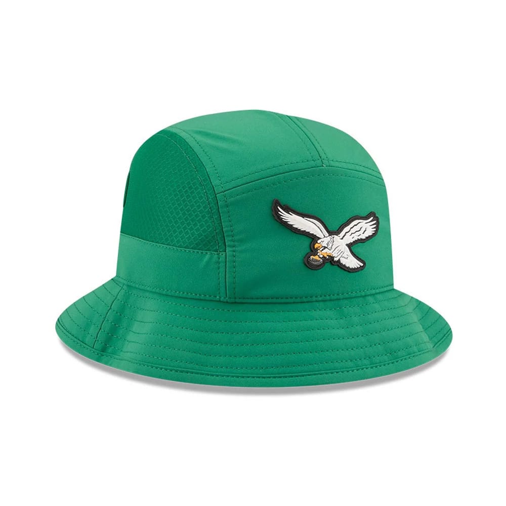 Pictured is this NFL Sideline 2026 Philadelphia Eagles Stretch Bucket cap in Green. 3