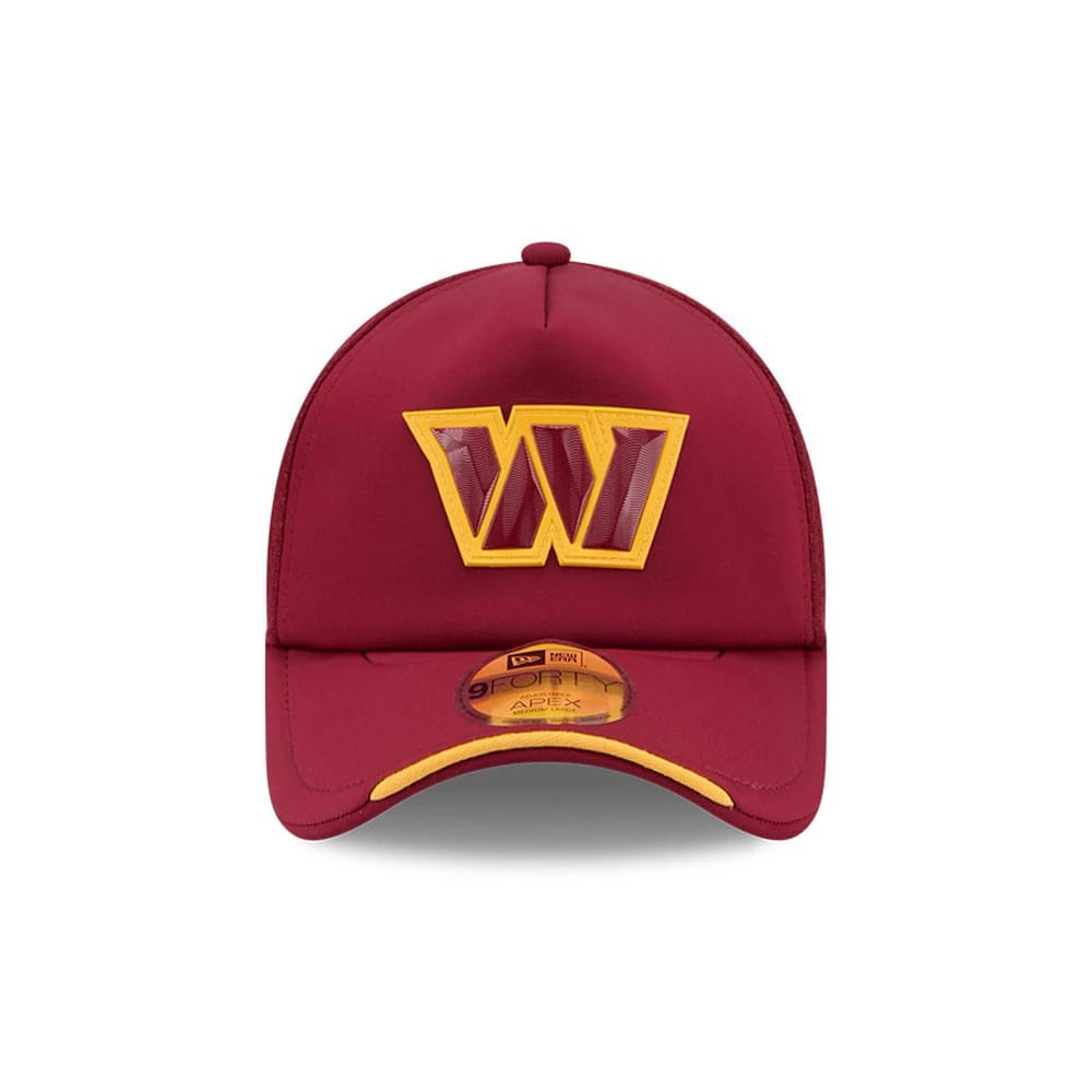 Pictured is this NFL Sideline 2026 Washington Commanders 9FORTY Apex cap in dark red. 2