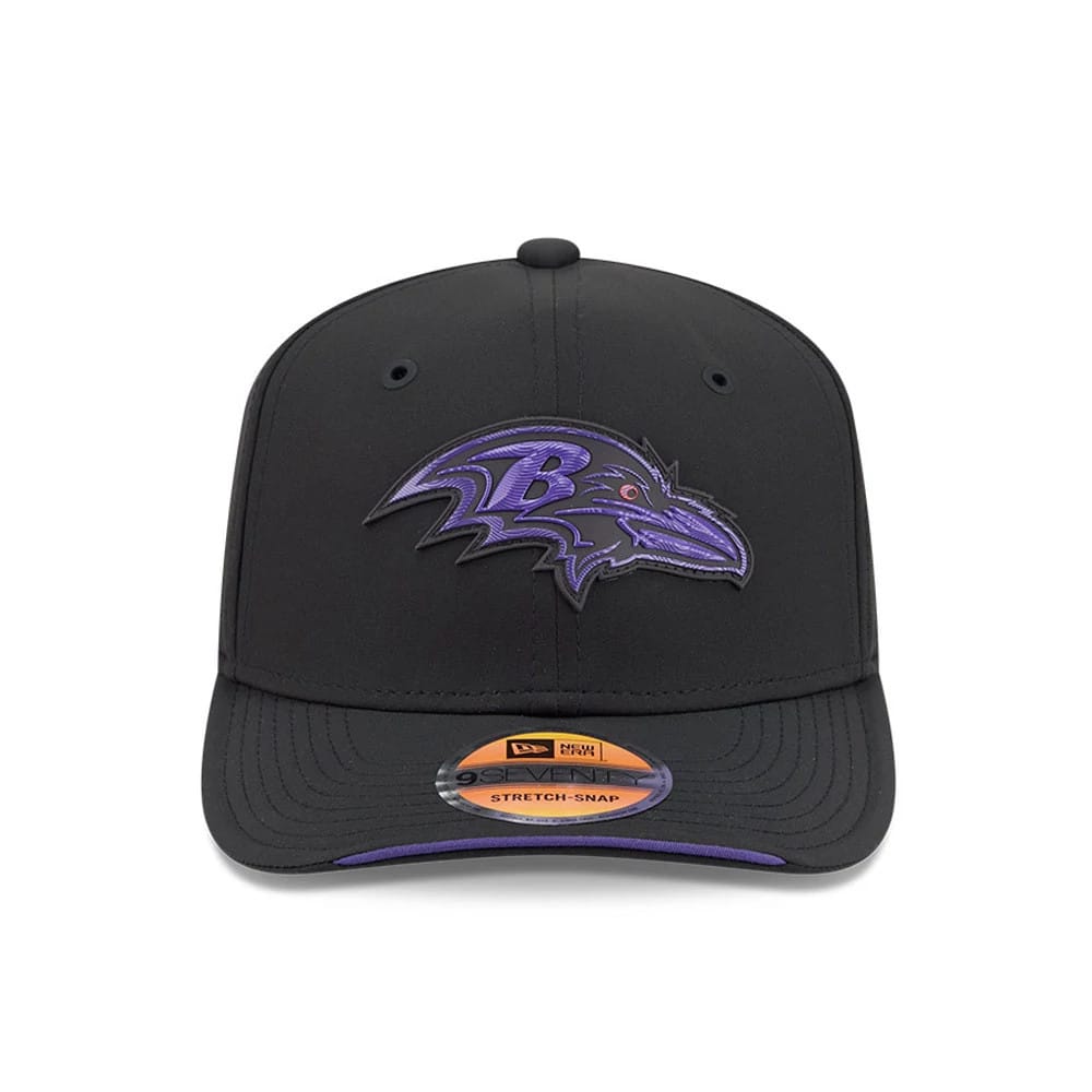Pictured is this NFL Sideline 2026 Baltimore Ravens 9SEVENTY Stretch Snap cap in black. 2