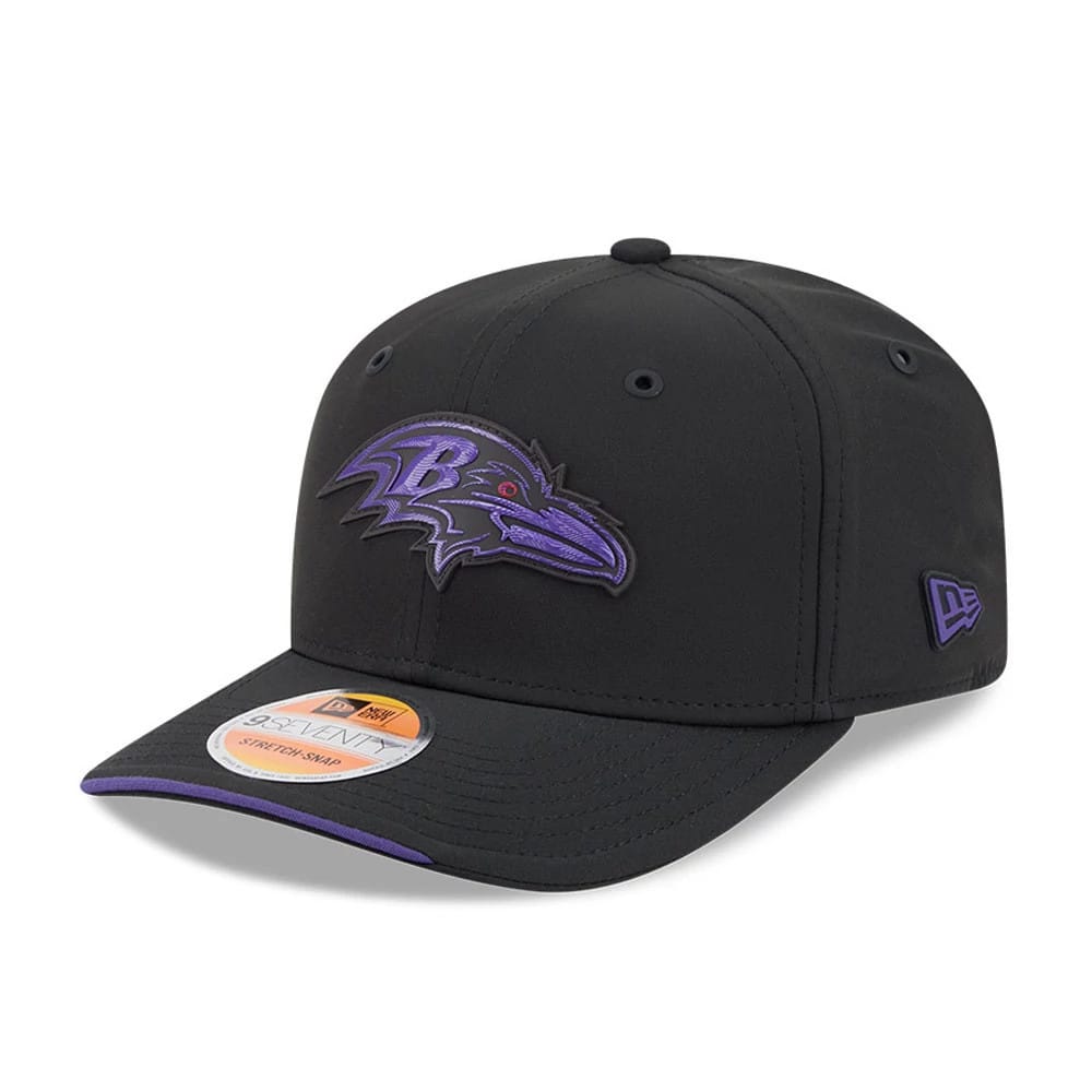 Pictured is this NFL Sideline 2026 Baltimore Ravens 9SEVENTY Stretch Snap cap in black. 1