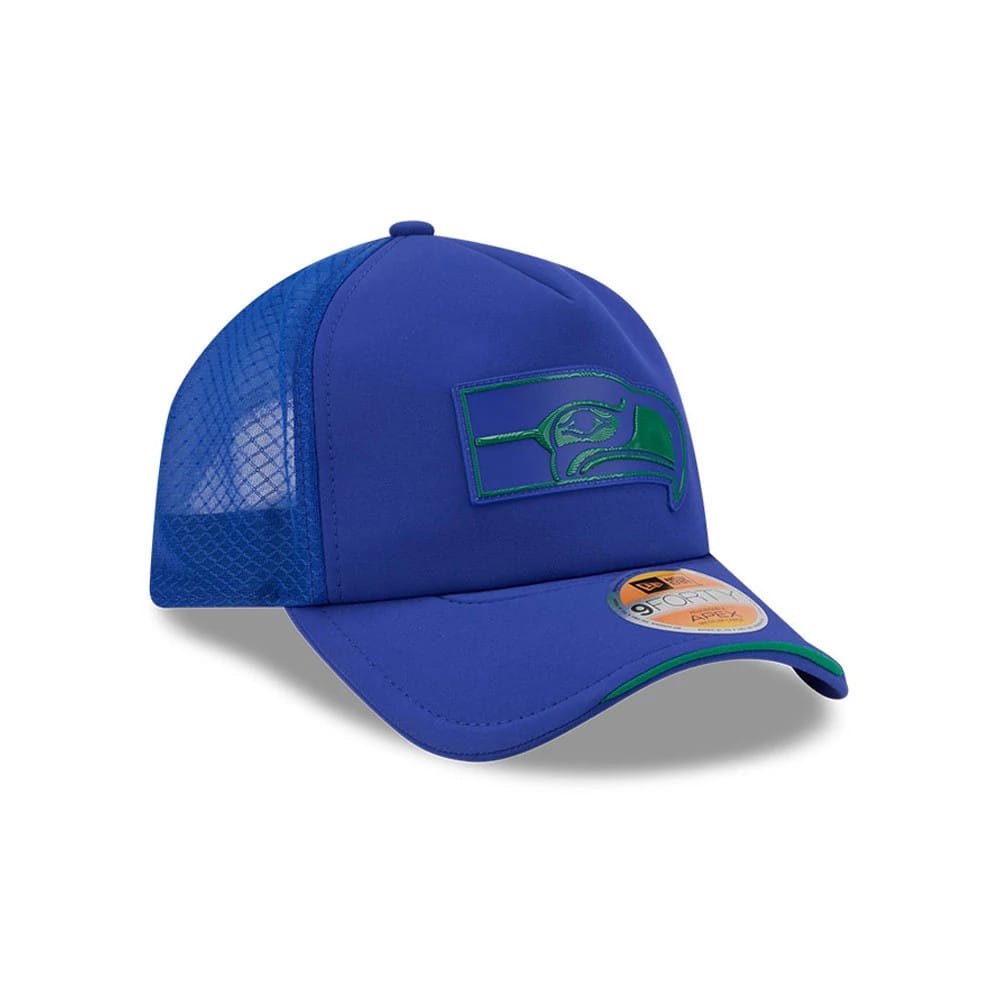 Pictured is this NFL Sideline 2026 Seattle Seahawks 9FORTY Apex cap in blue. 3