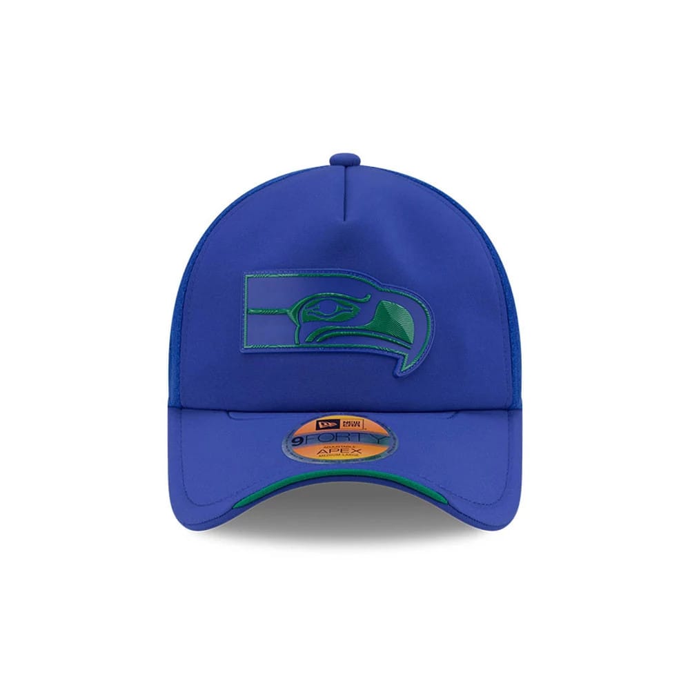Pictured is this NFL Sideline 2026 Seattle Seahawks 9FORTY Apex cap in blue. 2