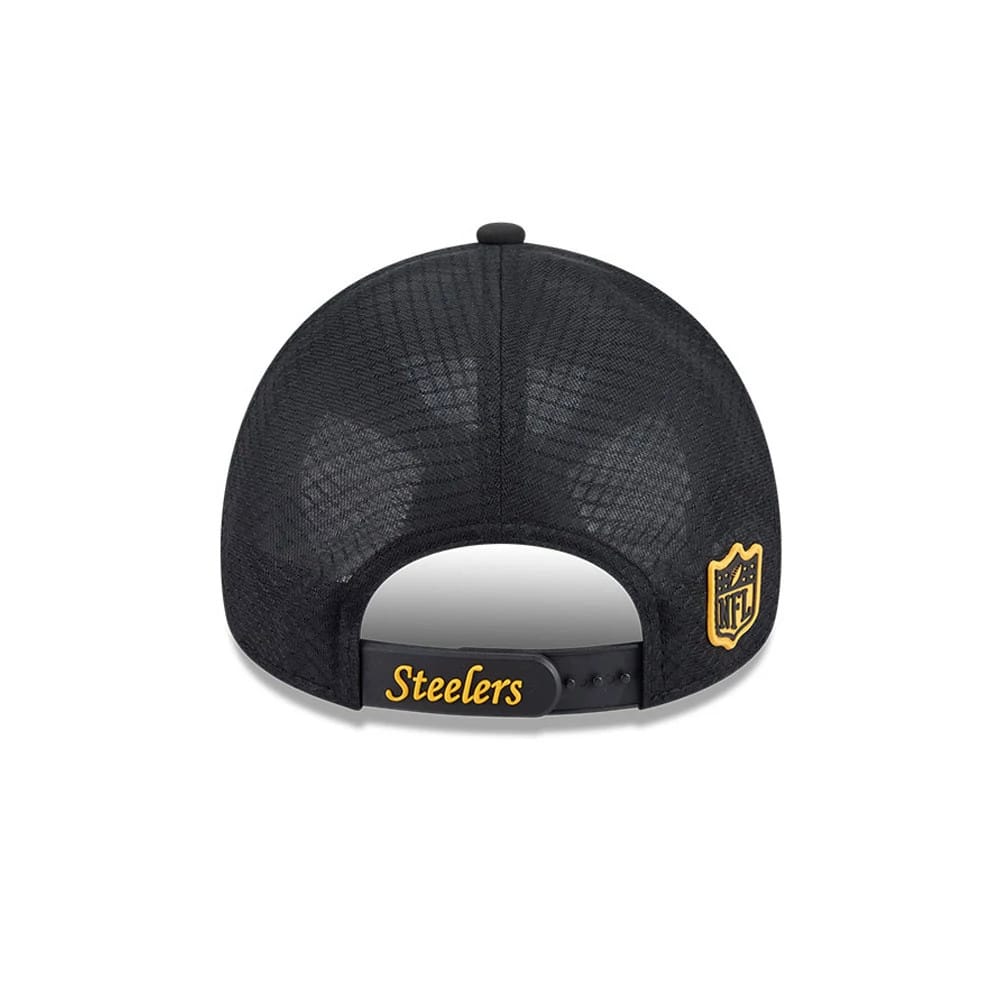Pictured is this NFL Sideline 2026 Pittsburgh Steelers 9FORTY Apex cap in black. 6