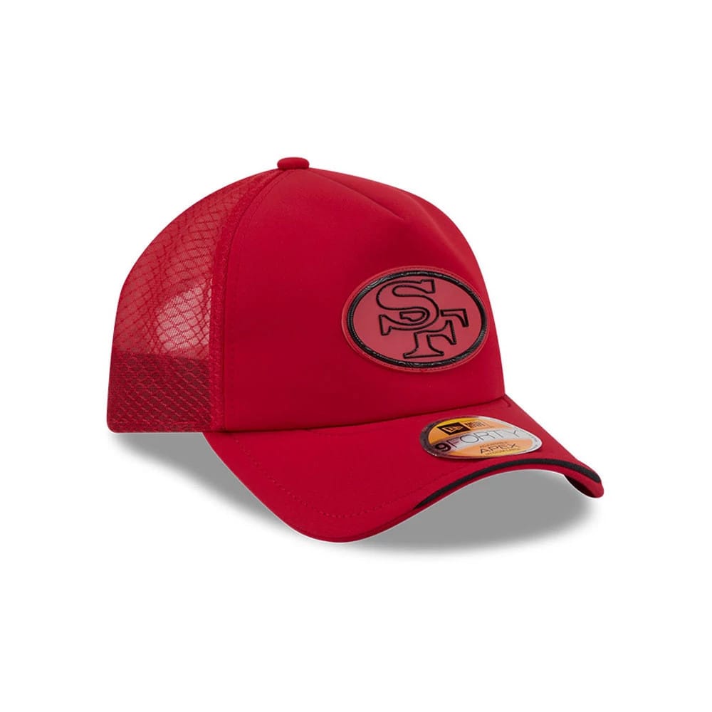 Pictured is this NFL Sideline 2026 San Francisco 49ers 9FORTY Apex cap in red. 3