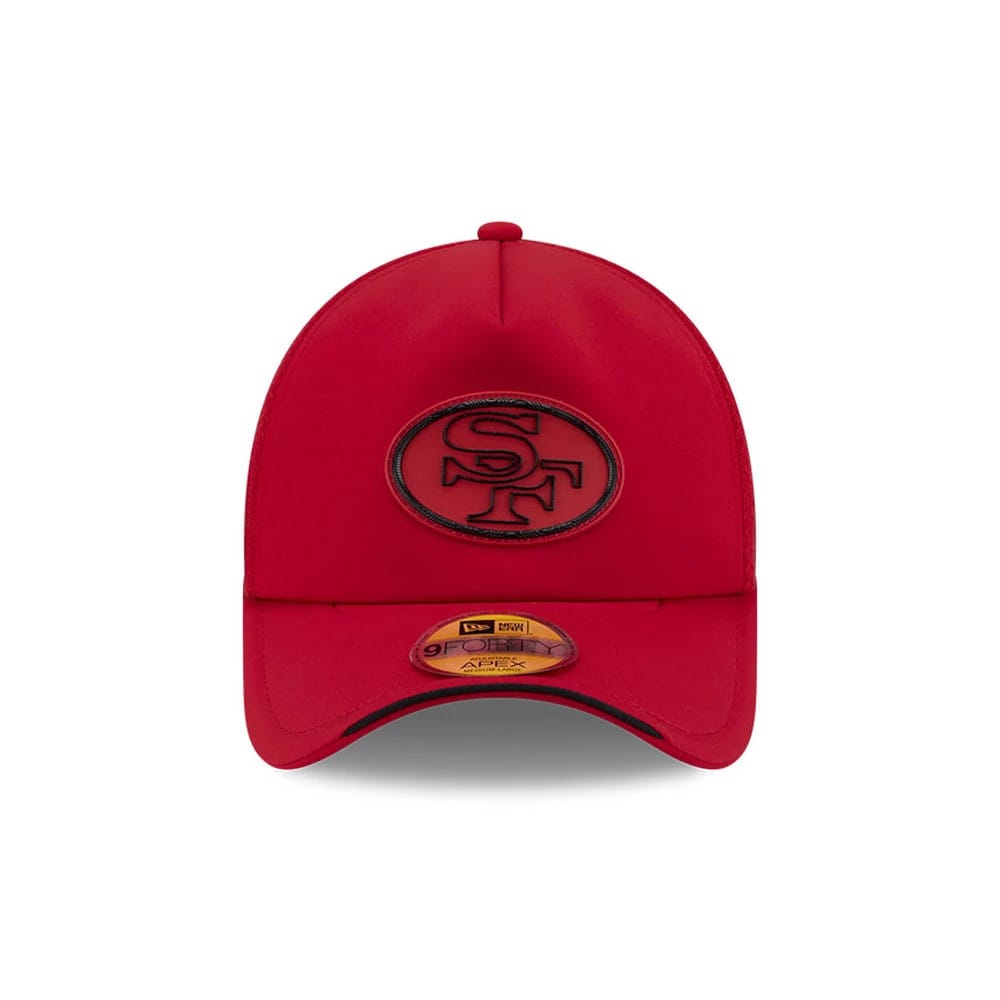 Pictured is this NFL Sideline 2026 San Francisco 49ers 9FORTY Apex cap in red. 2