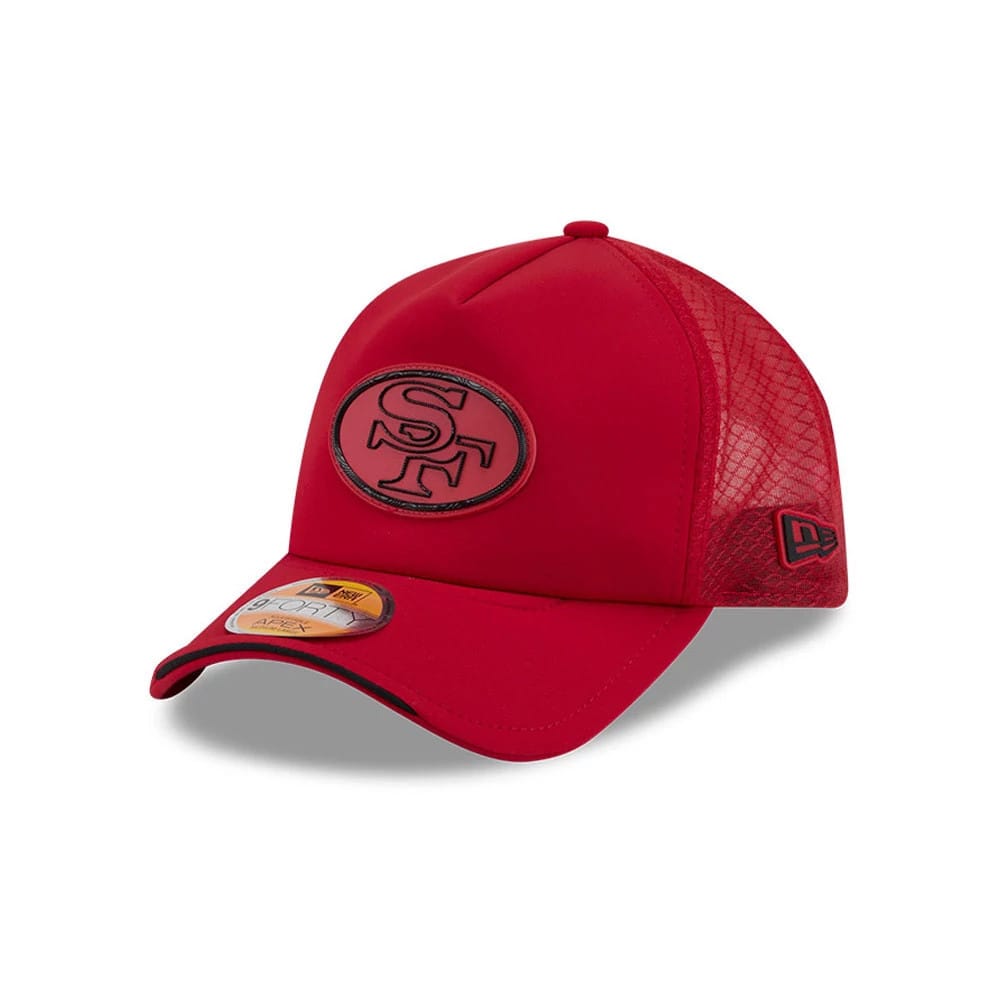 Pictured is this NFL Sideline 2026 San Francisco 49ers 9FORTY Apex cap in red. 1