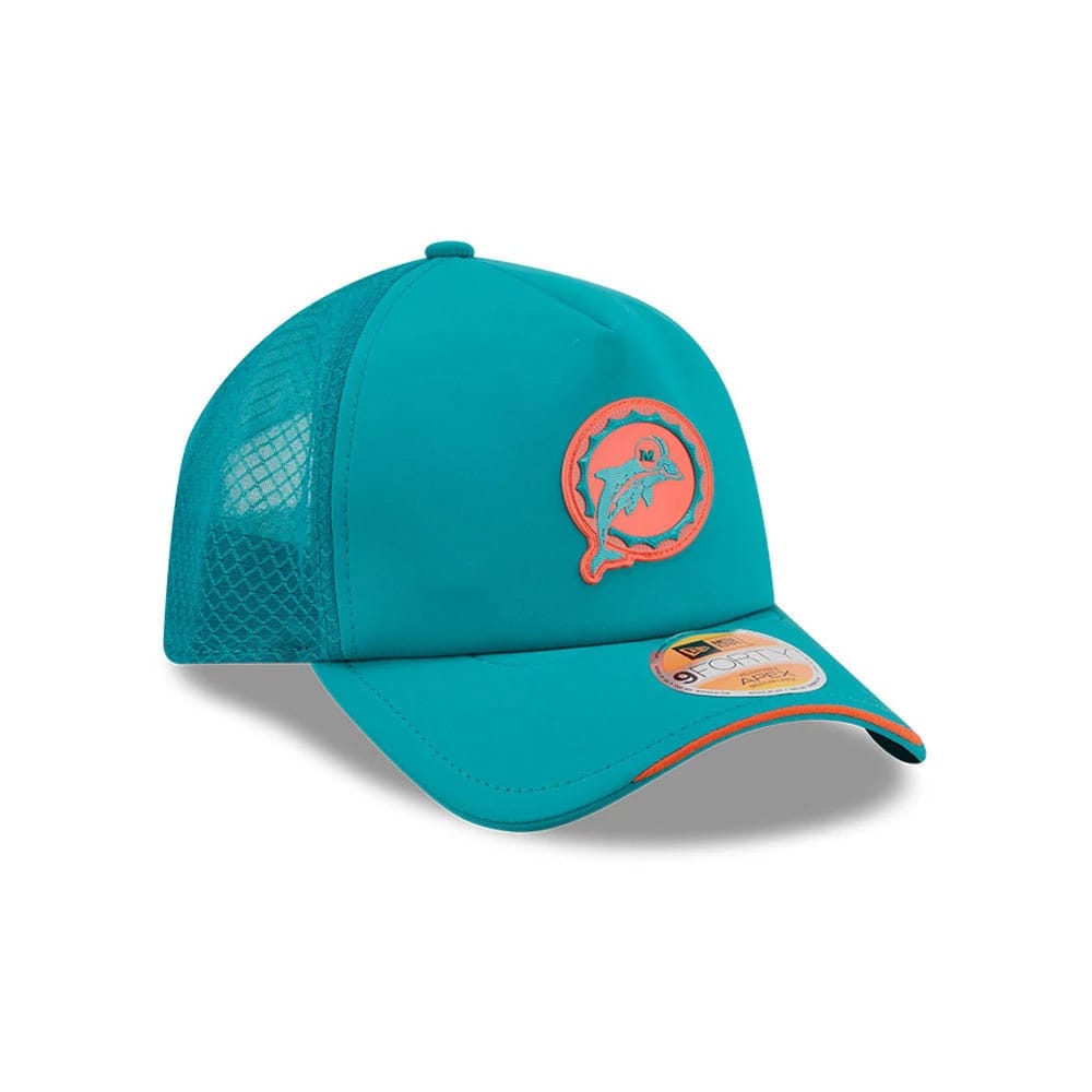 Pictured is this NFL Sideline 2026 Miami Dolphins 9FORTY Apex cap in turquoise. 3