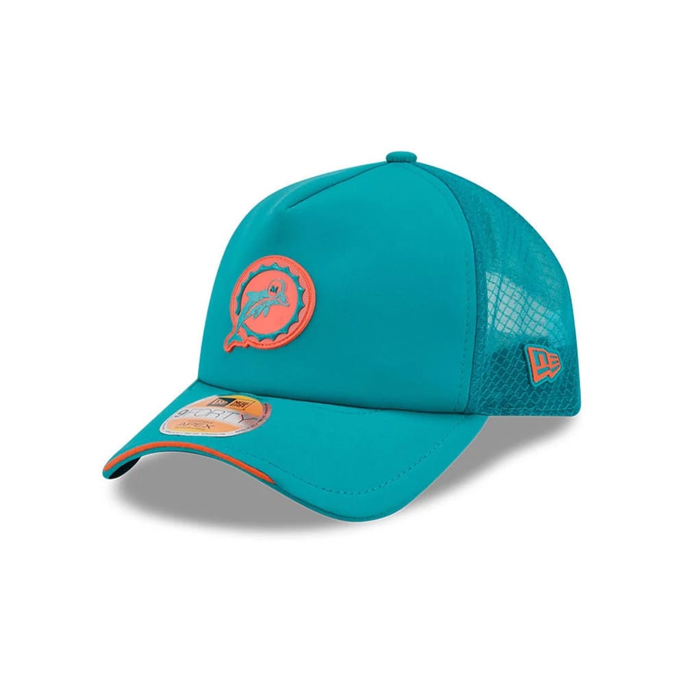 Pictured is this NFL Sideline 2026 Miami Dolphins 9FORTY Apex cap in turquoise. 1