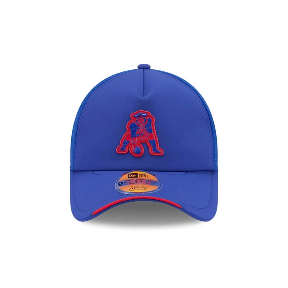 Pictured is this NFL Sideline 2026 New England Patriots 9FORTY Apex cap in blue. 2