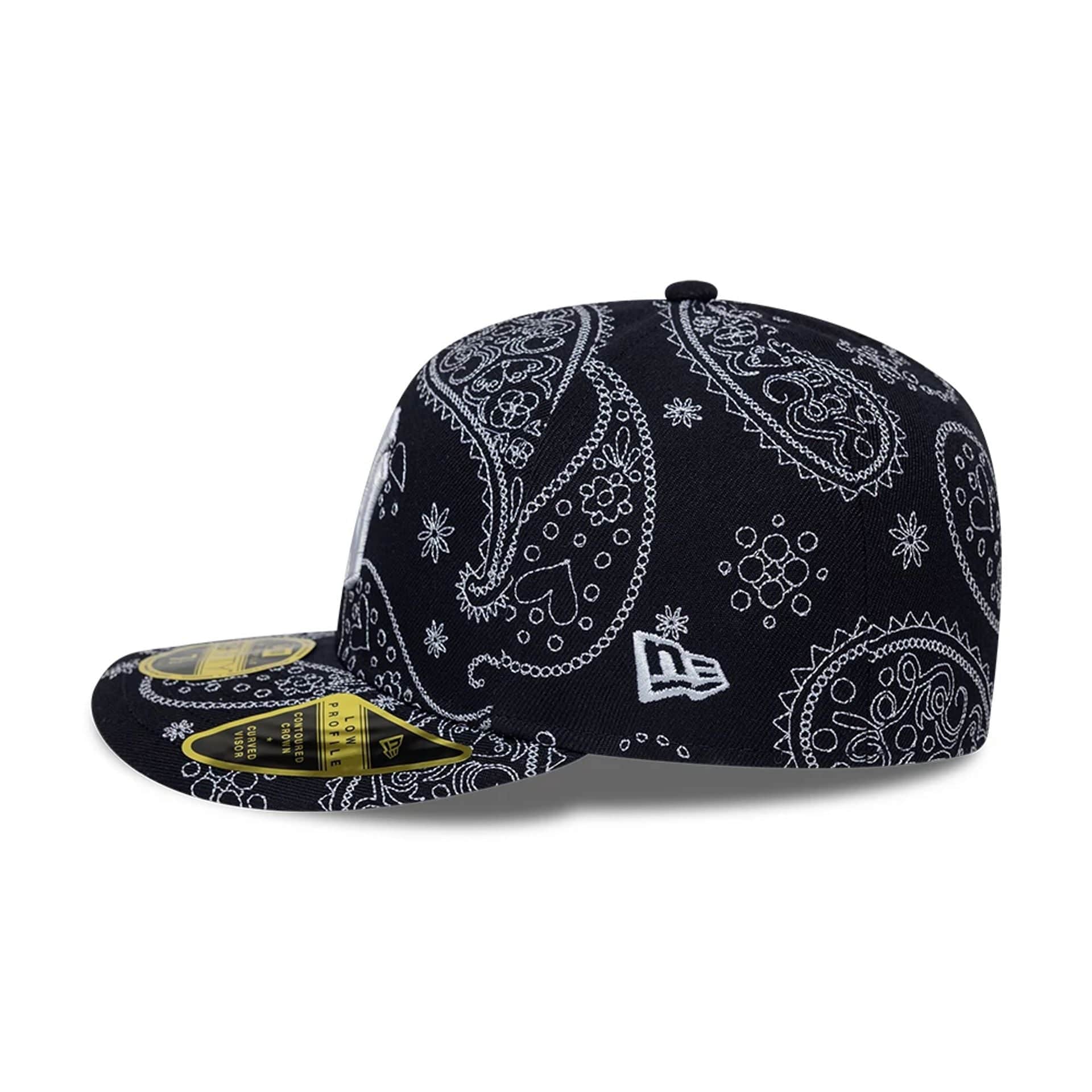 Pictured is this MLB All Over Paisley New York Yankees Low Profile 59FIFTY Fitted cap in navy. 5