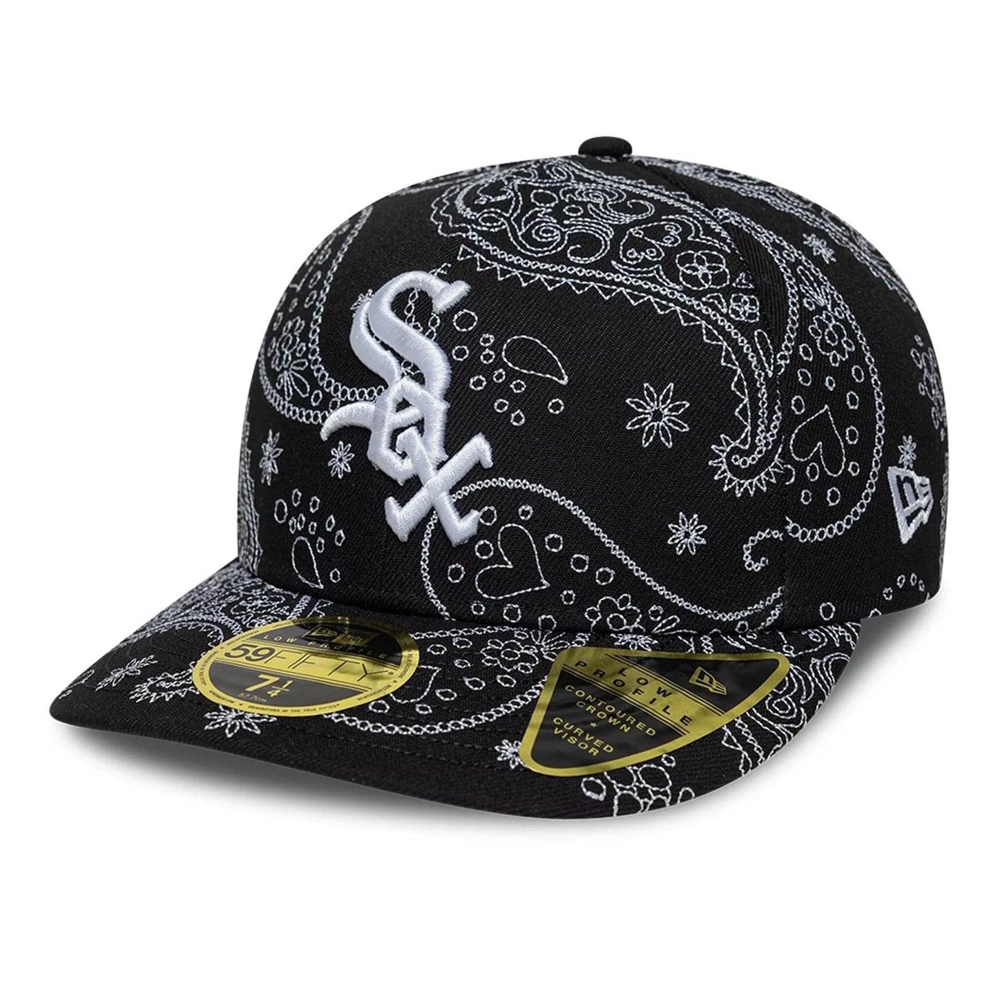 Pictured is this MLB All Over Paisley Chicago White Sox Low Profile 59FIFTY Fitted cap in black. 1