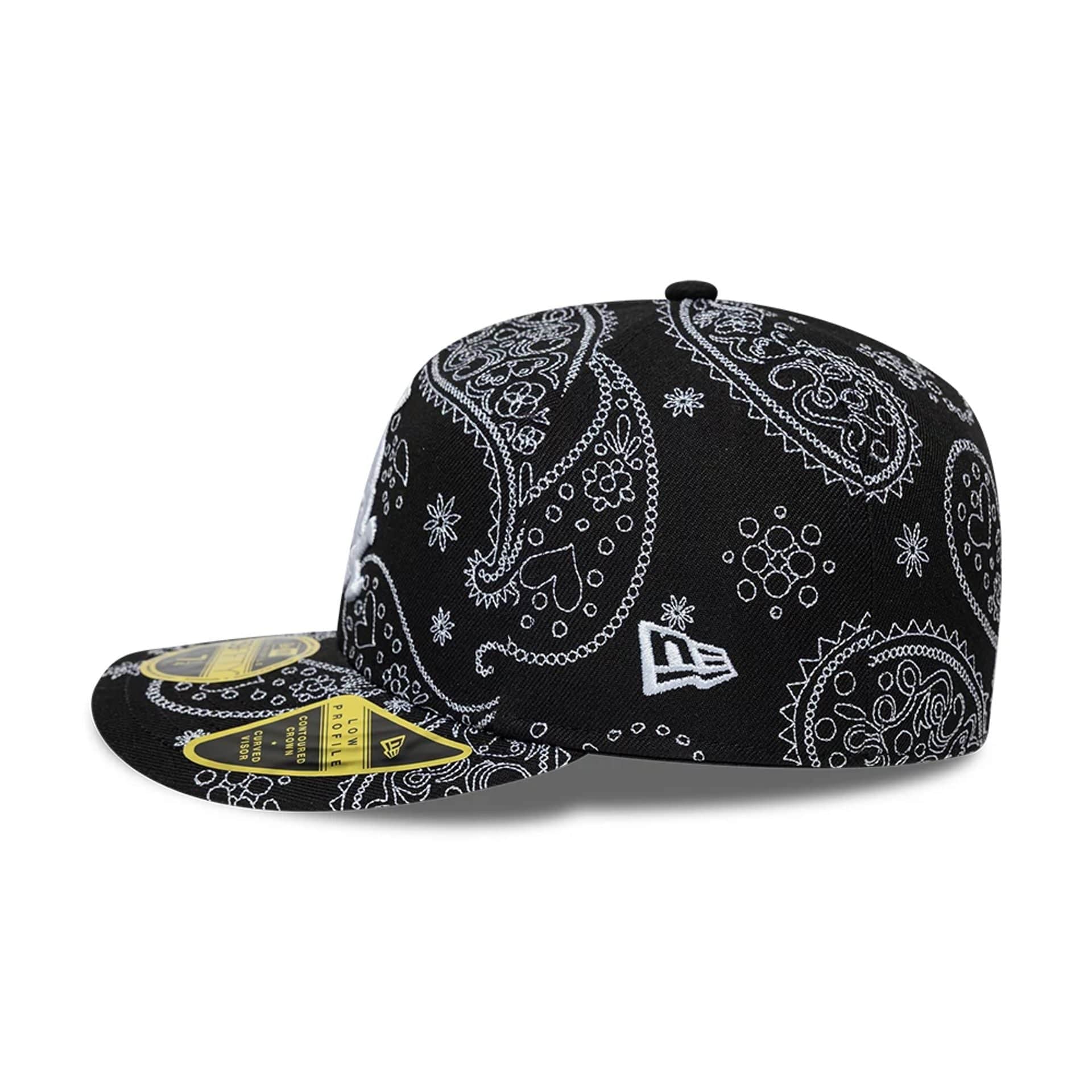 Pictured is this MLB All Over Paisley Chicago White Sox Low Profile 59FIFTY Fitted cap in black. 5