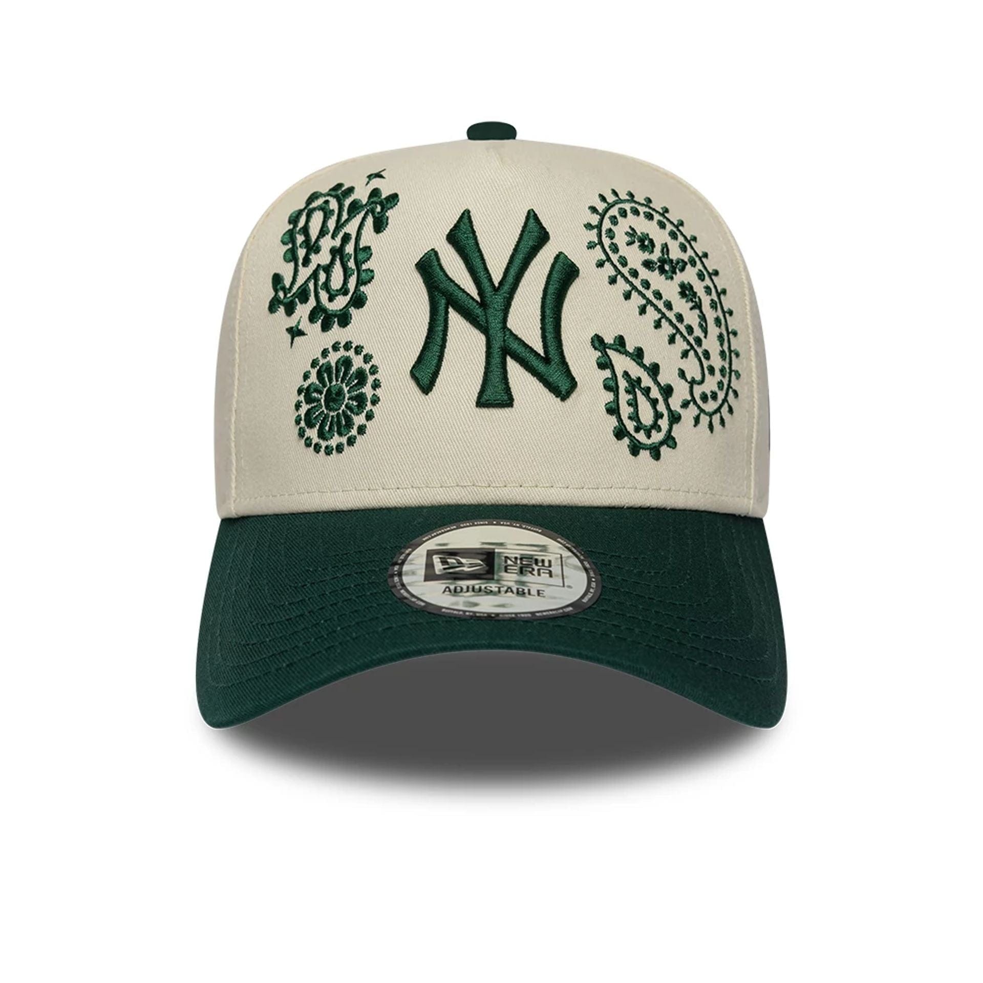Pictured is this MLB Paisley New York Yankees 9FORTY E-Frame cap in dark green. 2