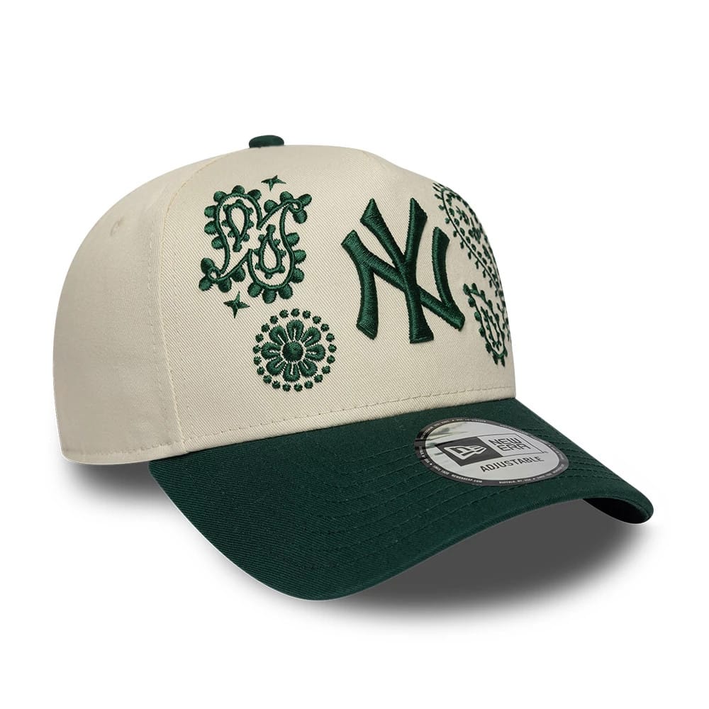 Pictured is this MLB Paisley New York Yankees 9FORTY E-Frame cap in cream & green. 3