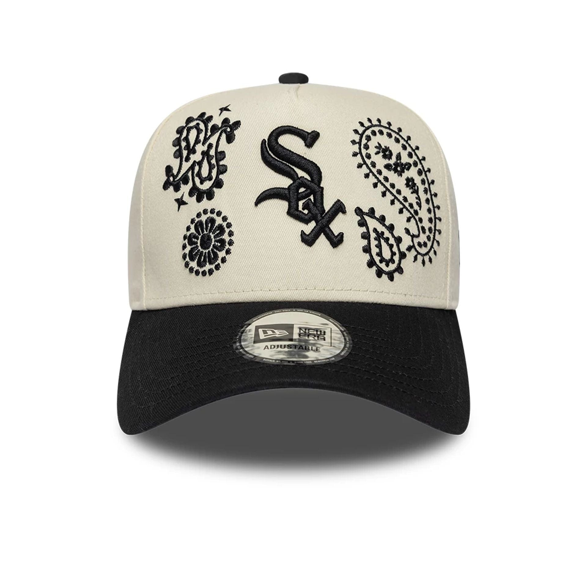 Pictured is this MLB Paisley Chicago White Sox 9FORTY E-Frame cap in black. 2