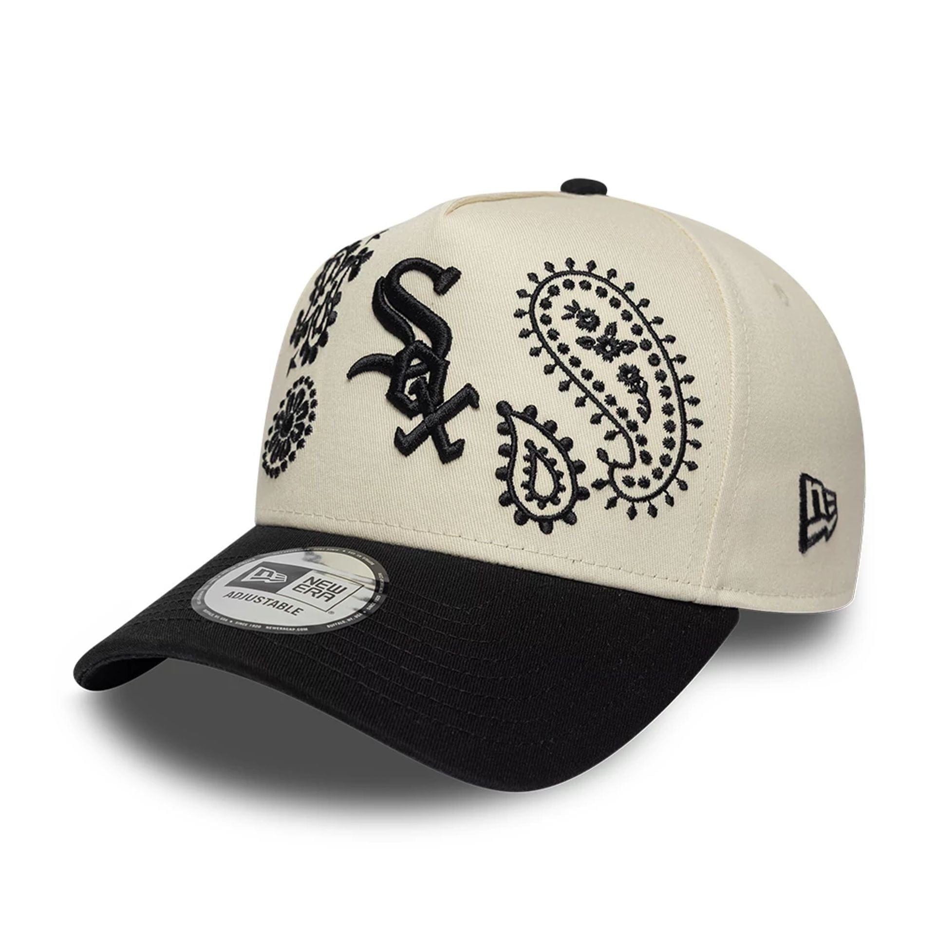 Pictured is this MLB Paisley Chicago White Sox 9FORTY E-Frame cap in black. 1