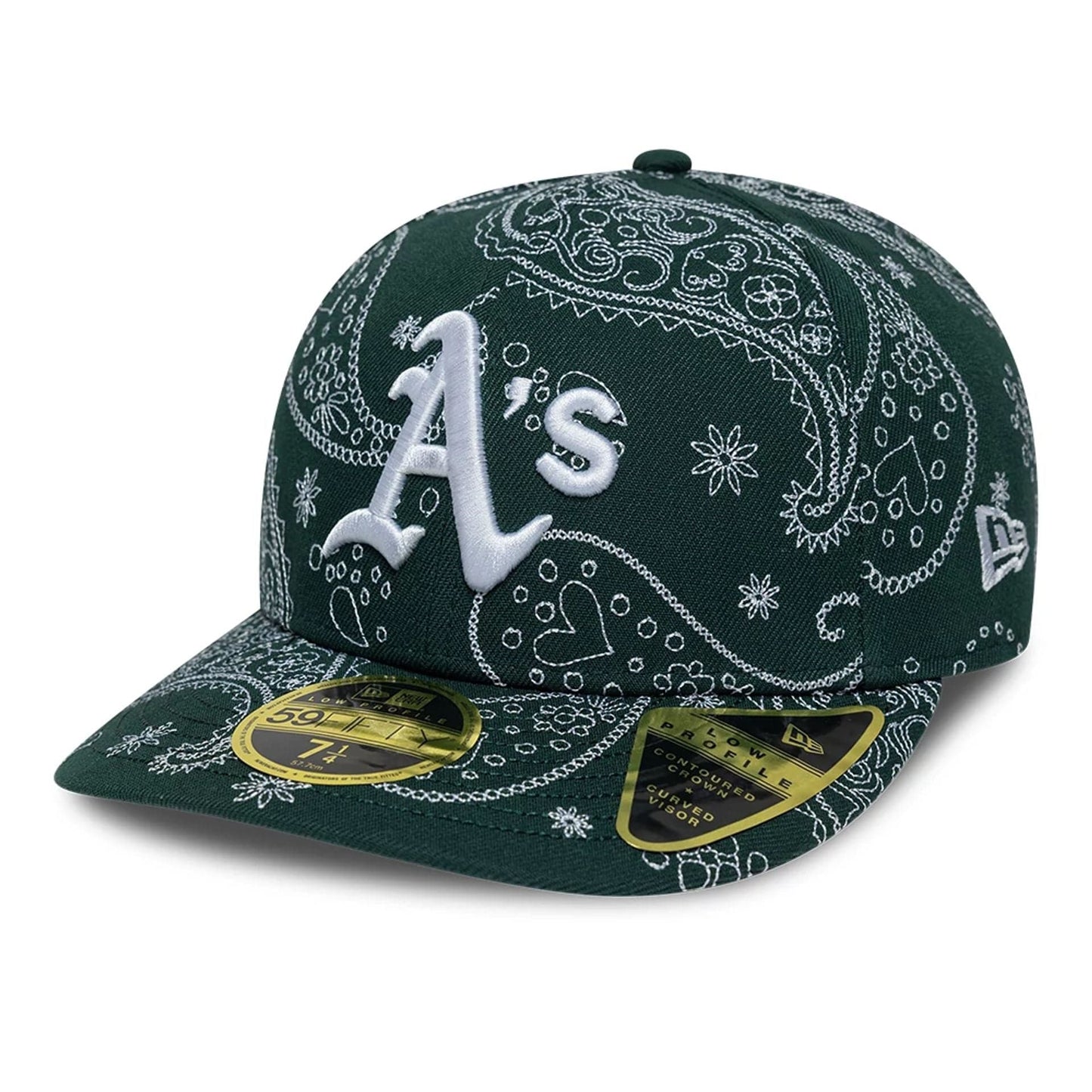 Pictured is this MLB All Over Paisley Athletics Low Profile 59FIFTY Fitted cap in dark green. 1