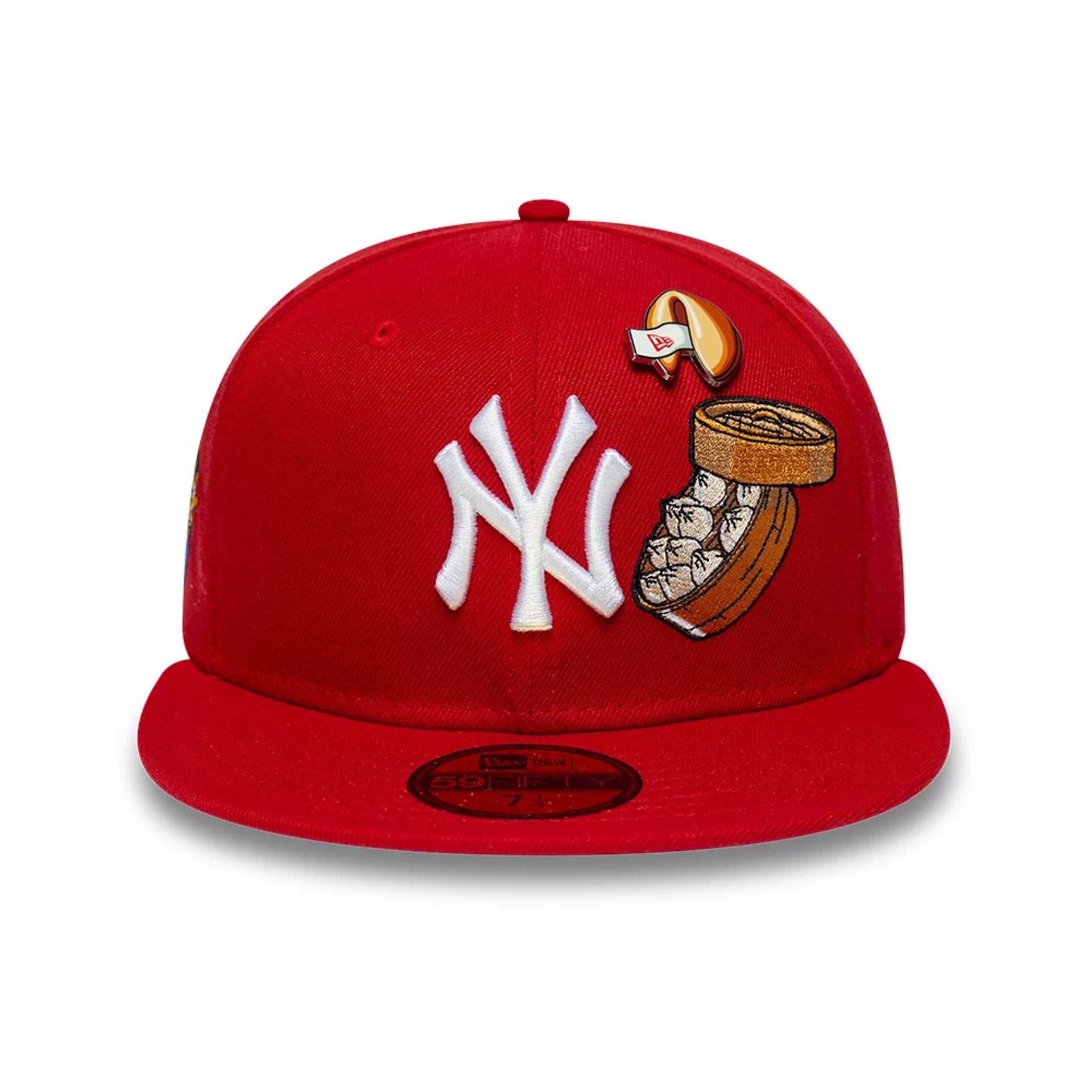 Pictured is this MLB Food New York Yankees 59FIFTY Fitted cap in red. 2
