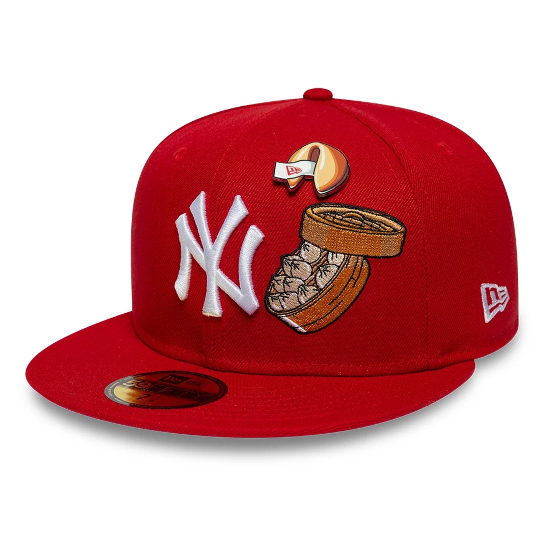 Pictured is this MLB Food New York Yankees 59FIFTY Fitted cap in red. 1
