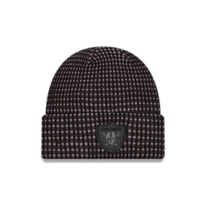 Pictured is this NFL Sideline 2026 Las Vegas Raiders Cuff Knit Beanie Hat in black and grey. 1