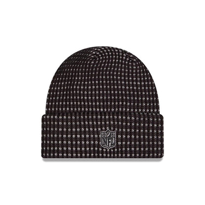 Pictured is this NFL Sideline 2026 Las Vegas Raiders Cuff Knit Beanie Hat in black and grey. 2