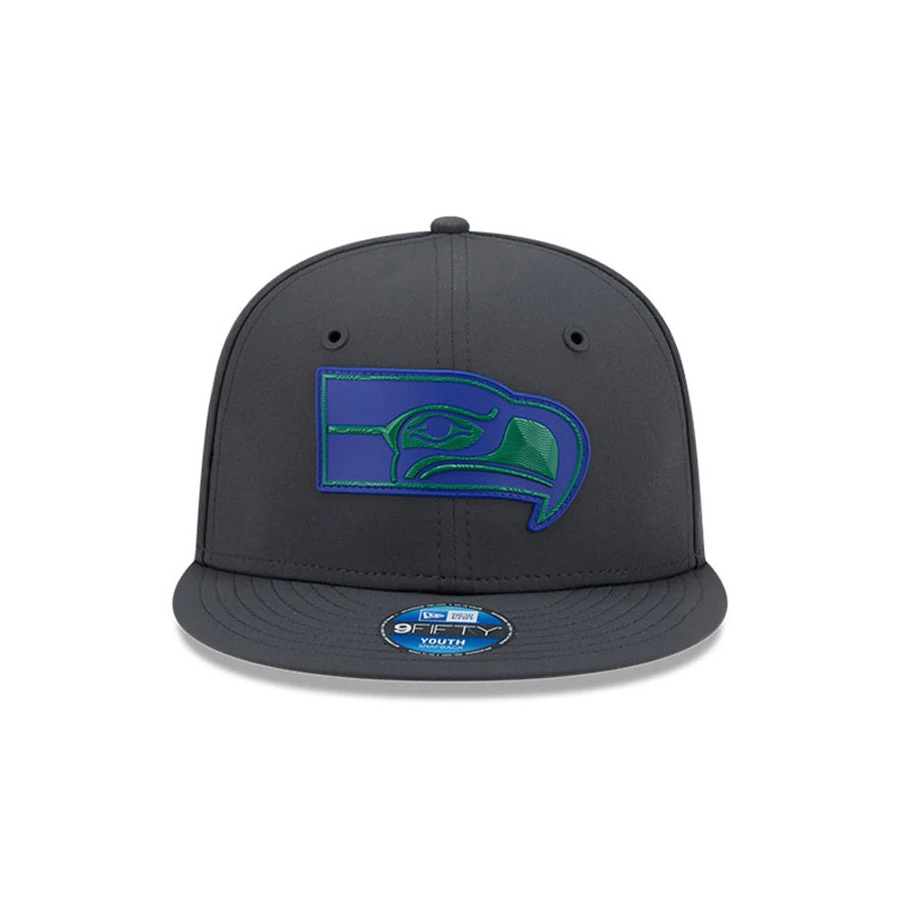 Pictured is this Youth NFL Sideline 2026 Seattle Seahawks 9FIFTY Snapback cap in charcoal. 3