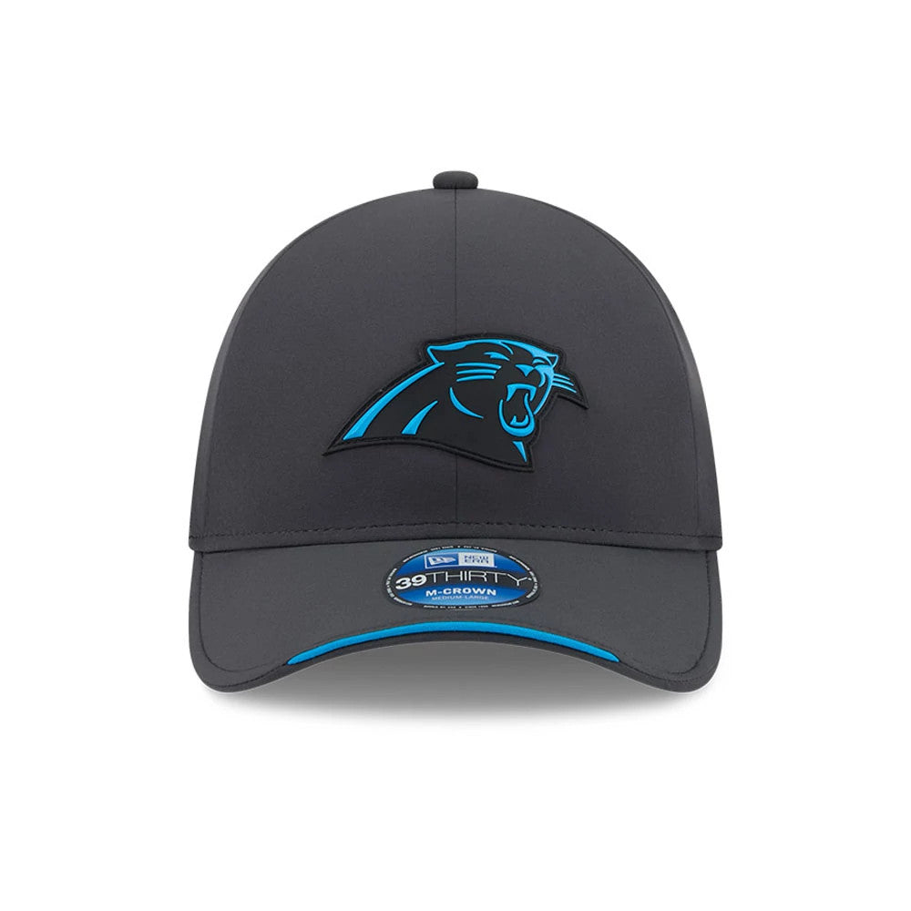 Pictured is this NFL Sideline 2026 Carolina Panthers 39THIRTY M-Crown Stretch Fit cap in charcoal. 2