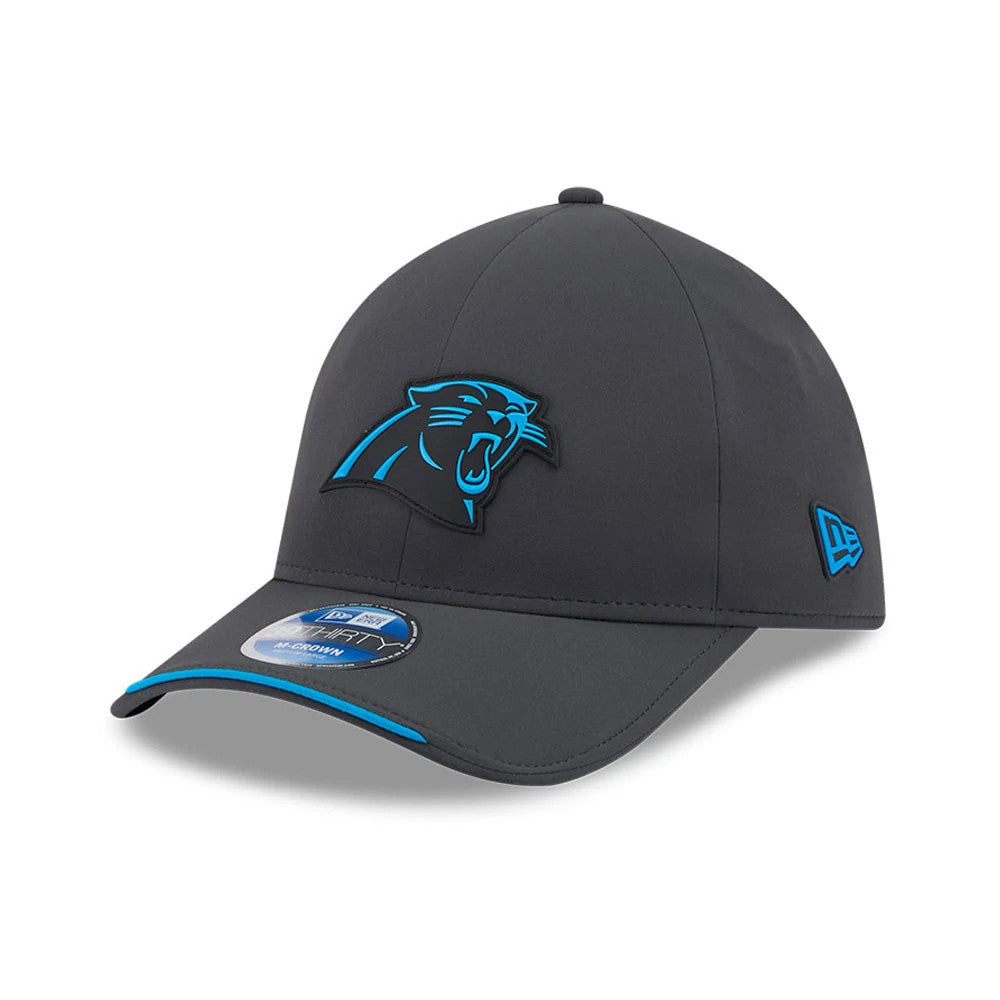 Pictured is this NFL Sideline 2026 Carolina Panthers 39THIRTY M-Crown Stretch Fit cap in charcoal. 1