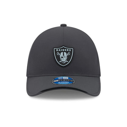Pictured is this NFL Sideline 2026 Las Vegas Raiders 39THIRTY M-Crown Stretch Fit cap in charcoal. 2