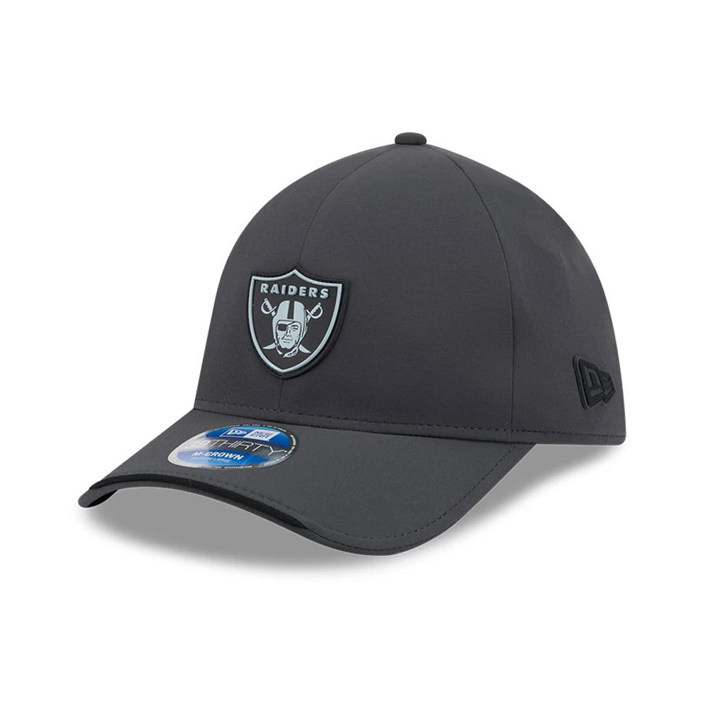 Pictured is this NFL Sideline 2026 Las Vegas Raiders 39THIRTY M-Crown Stretch Fit cap in charcoal. 1