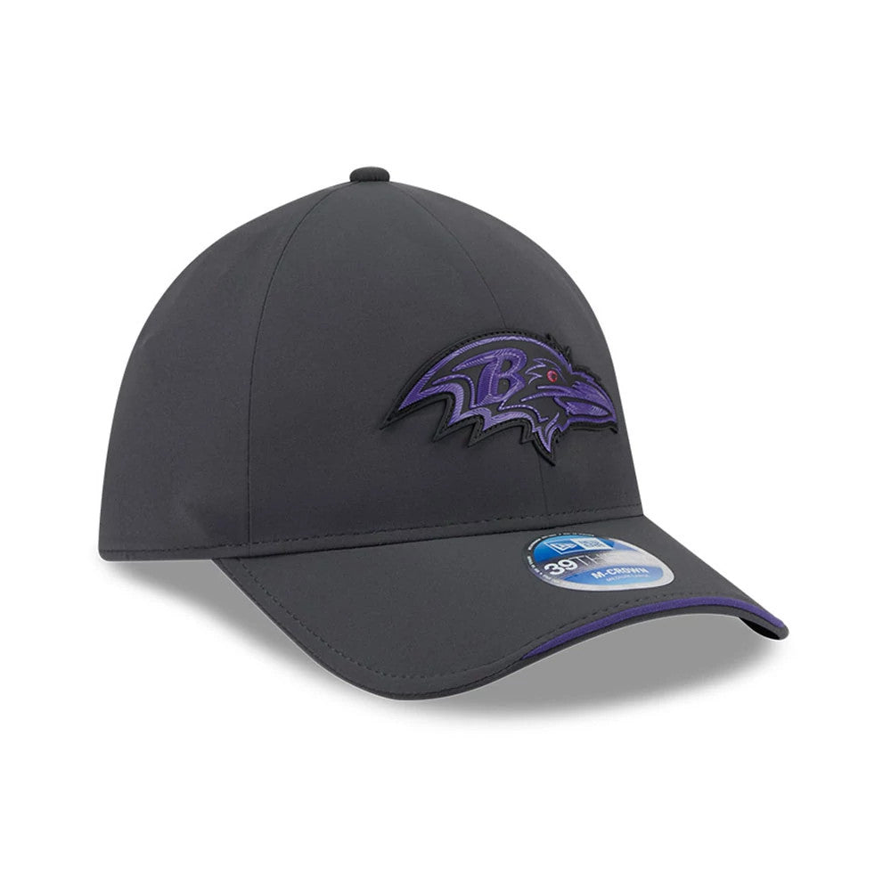 Pictured is this NFL Sideline 2026 Baltimore Ravens 39THIRTY M-Crown Stretch Fit cap in charcoal. 3