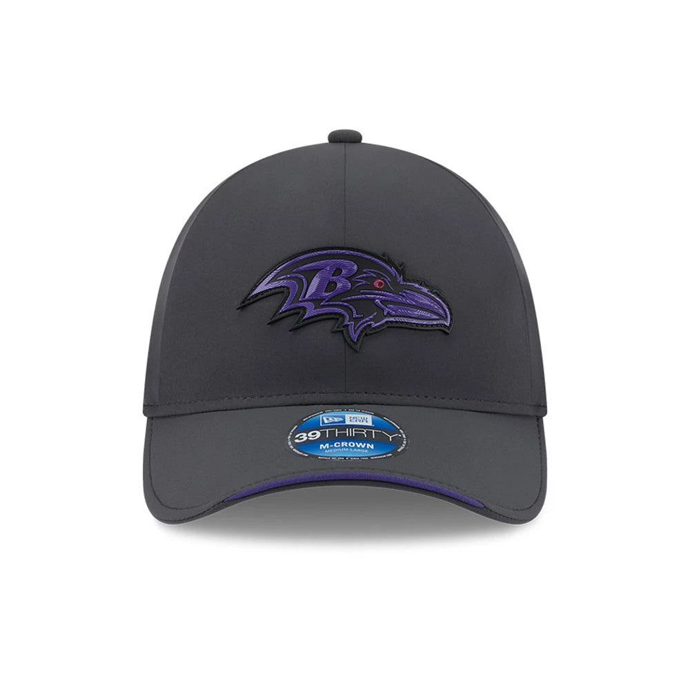 Pictured is this NFL Sideline 2026 Baltimore Ravens 39THIRTY M-Crown Stretch Fit cap in charcoal. 2