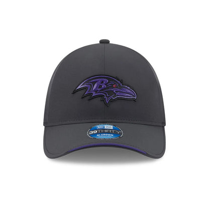 Pictured is this NFL Sideline 2026 Baltimore Ravens 39THIRTY M-Crown Stretch Fit cap in charcoal. 2