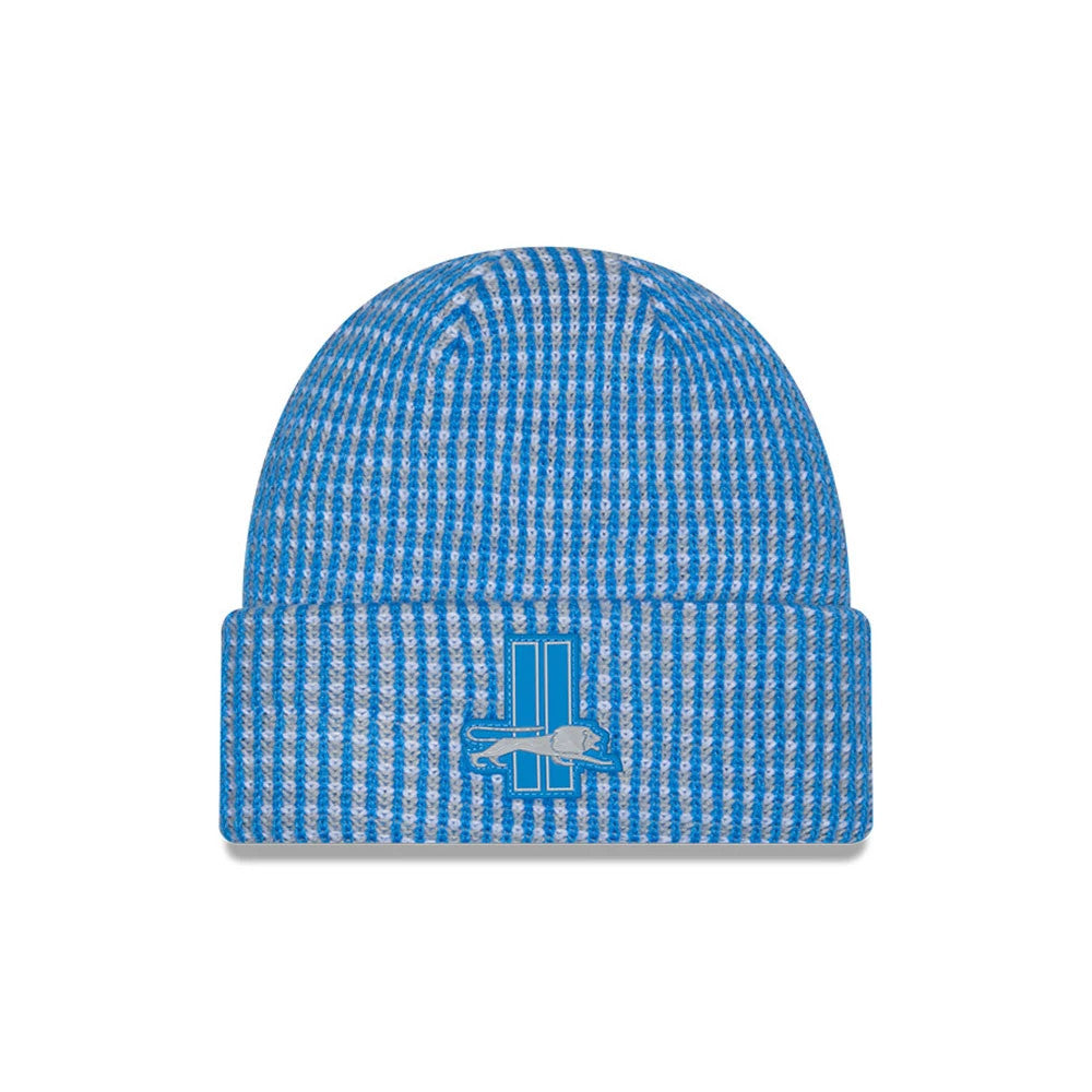 Pictured is this NFL Sideline 2026 Detroit Lions Cuff Knit Beanie Hat in blue. 1