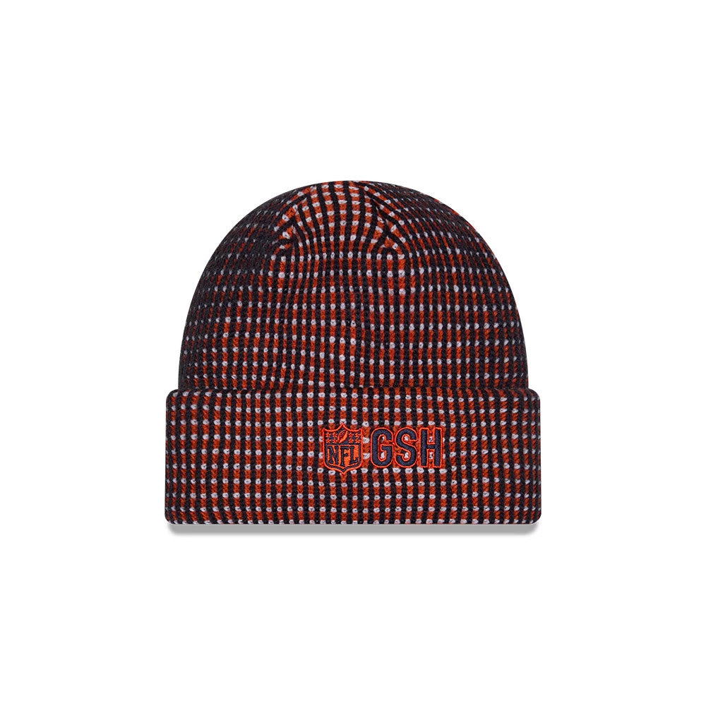 Pictured is this NFL Sideline 2026 Chicago Bears Cuff Knit Beanie Hat in orange. 2