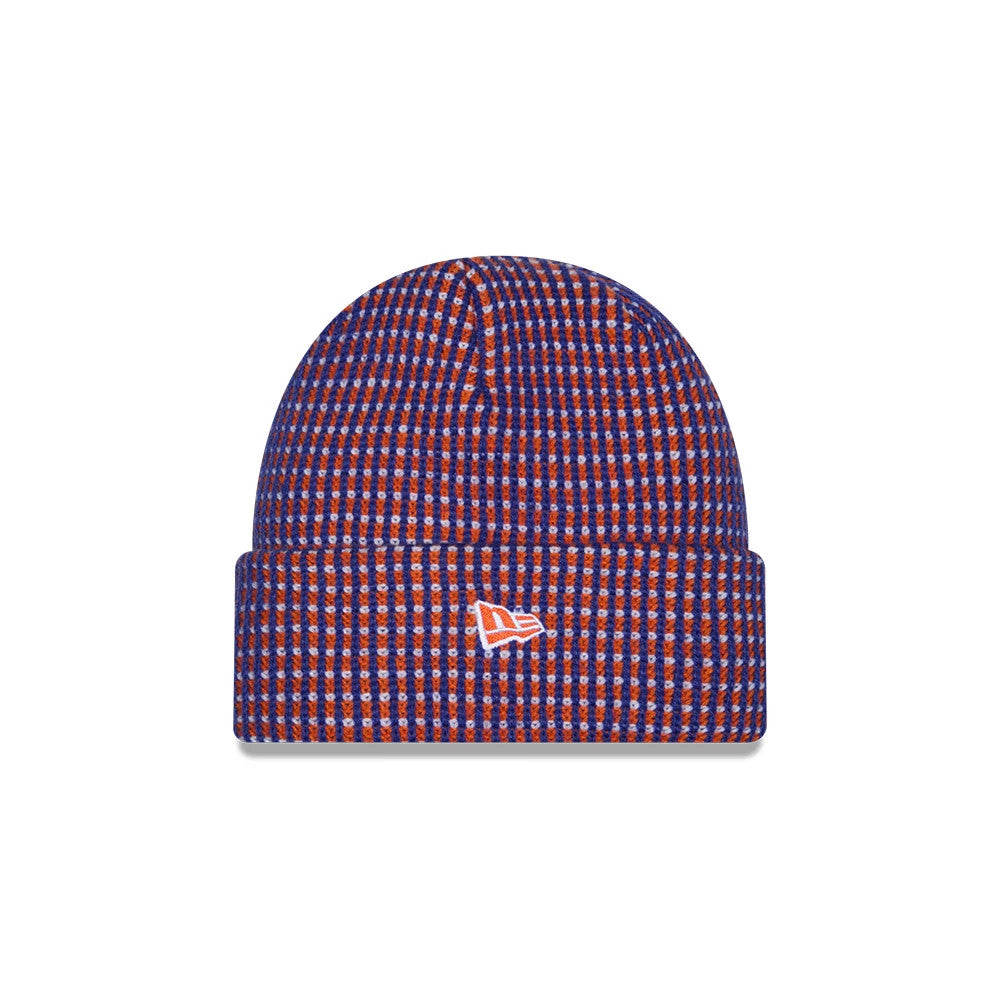 New Era Denver Broncos NFL Sideline 2026 Blue Cuff Knit Beanie Hat, front view showing the textured knit pattern with alternating blue and orange squares, featuring an orange embroidered New Era flag logo on the cuff, with a rounded crown.