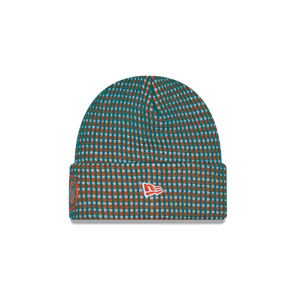 Pictured is this NFL Sideline 2026 Miami Dolphins Cuff Knit Beanie Hat in Orange. 2