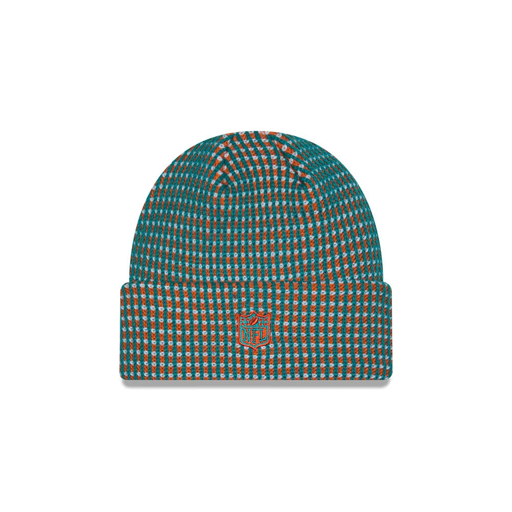 Pictured is this NFL Sideline 2026 Miami Dolphins Cuff Knit Beanie Hat in Orange. 3