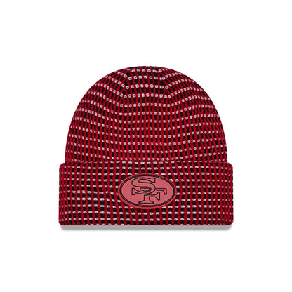 Pictured is this NFL Sideline 2026 San Francisco 49ers Cuff Knit Beanie Hat in red. 1