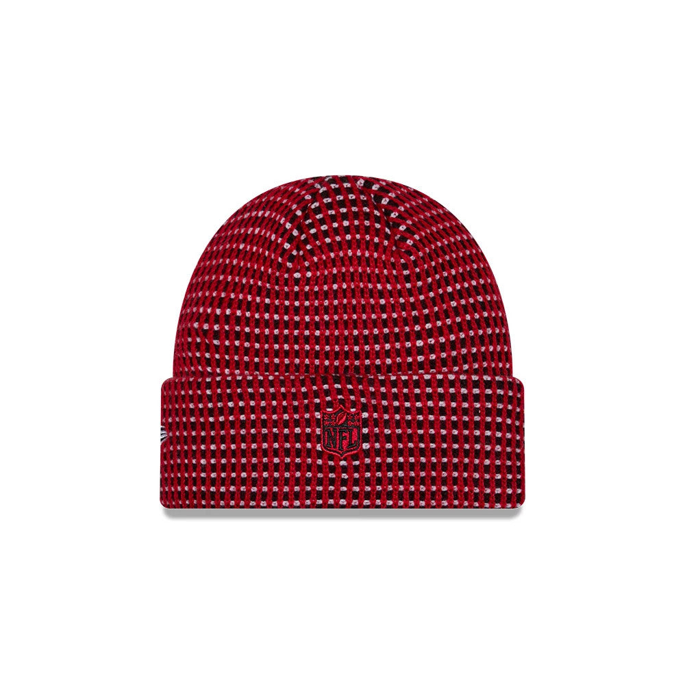Pictured is this NFL Sideline 2026 San Francisco 49ers Cuff Knit Beanie Hat in red. 2