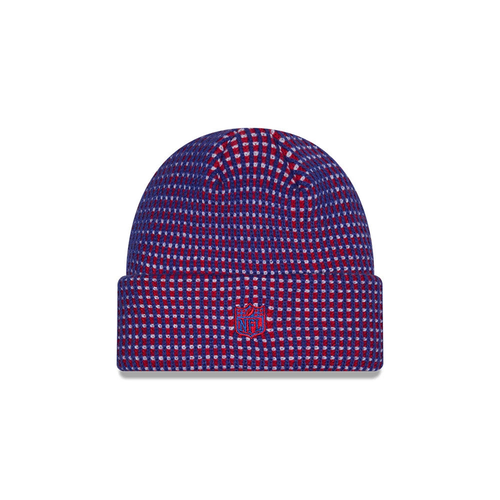 New Era Buffalo Bills NFL Sideline 2026 Blue Cuff Knit Beanie Hat, front view showing a red and blue chequered pattern, with a raised embroidered red NFL shield logo centrally positioned on the cuff, highlighting the soft.