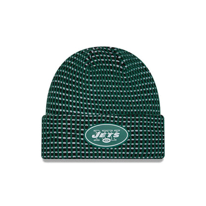 Pictured is this NFL Sideline 2026 New York Jets Cuff Knit Beanie Hat in Dark Green. 1
