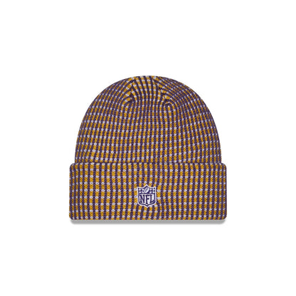 Pictured is this NFL Sideline 2026 Minnesota Vikings Cuff Knit Beanie Hat in Yellow. 2
