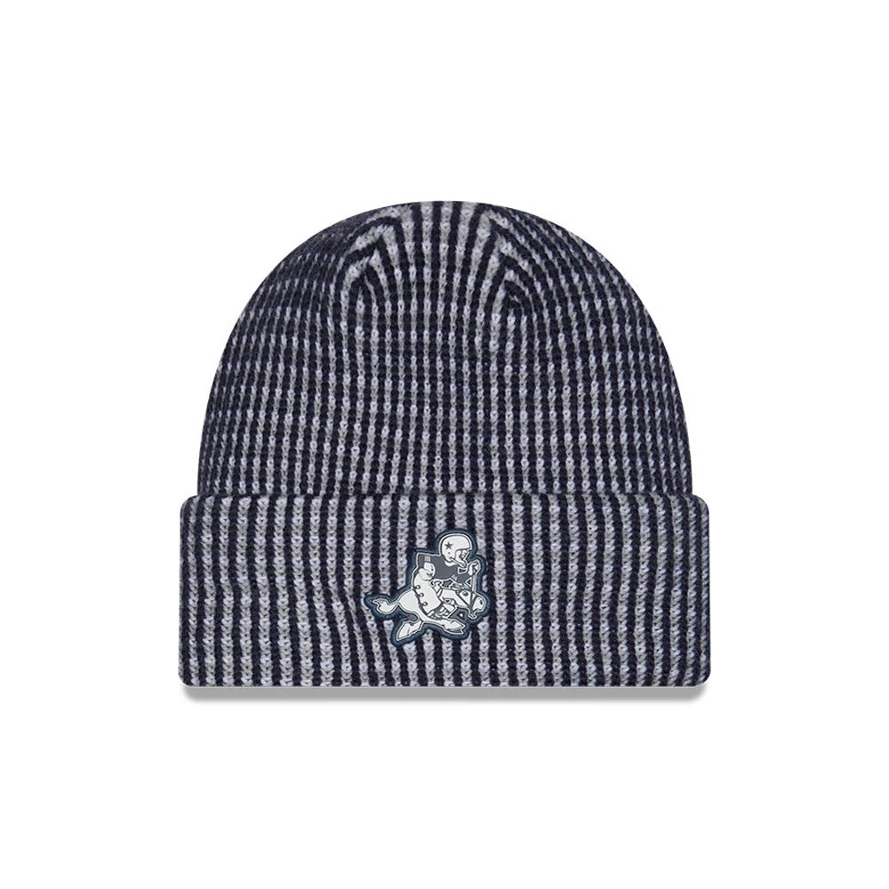 New Era Dallas Cowboys NFL Sideline 2026 Blue Cuff Knit Beanie Hat, front view showing a knitted blue and grey striped pattern with a Cowboys logo patch centred on the turned-up cuff, and ribbing detail at the crown for added texture.