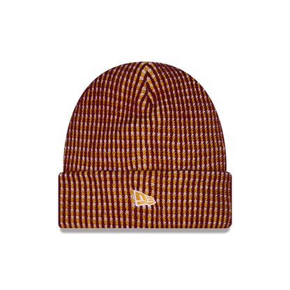 Pictured is this NFL Sideline 2026 Washington Commanders Cuff Knit Beanie Hat in red and yellow. 2