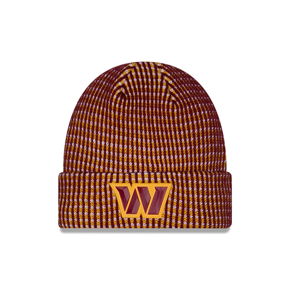 Pictured is this NFL Sideline 2026 Washington Commanders Cuff Knit Beanie Hat in red and yellow. 1