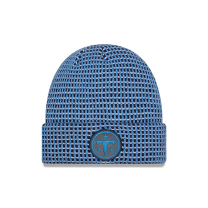 Pictured is this NFL Sideline 2026 Tennessee Titans Cuff Knit Beanie Hat in blue and black. 1